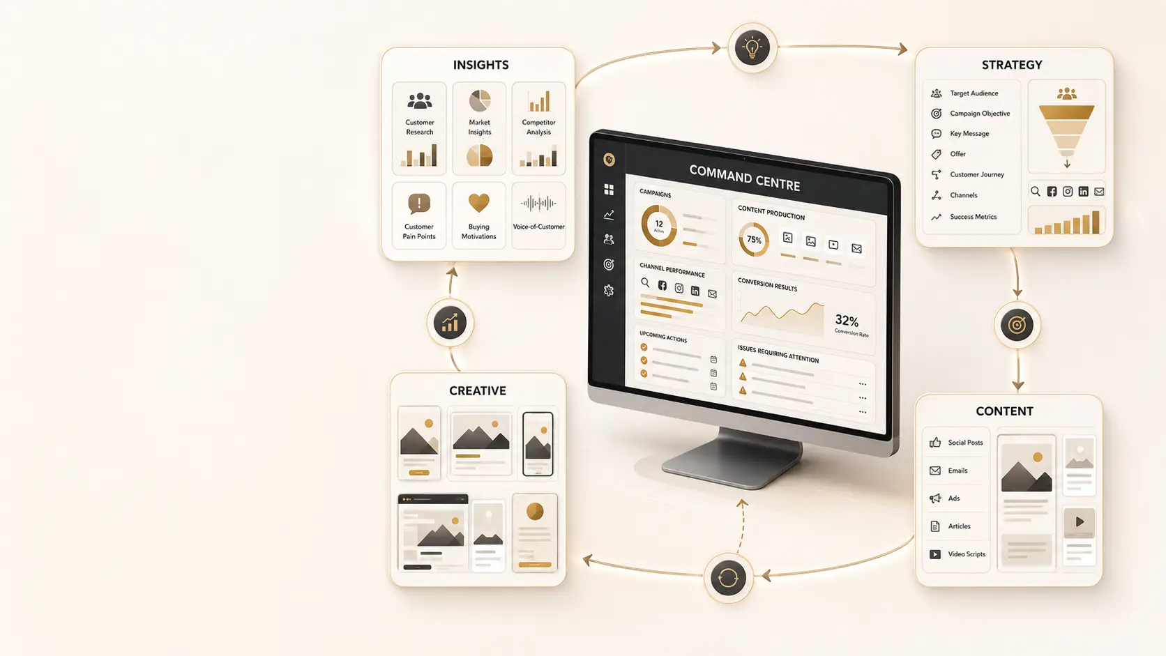 Illustration of a connected AI marketing operating system combining customer insights, campaign strategy, content and performance management.