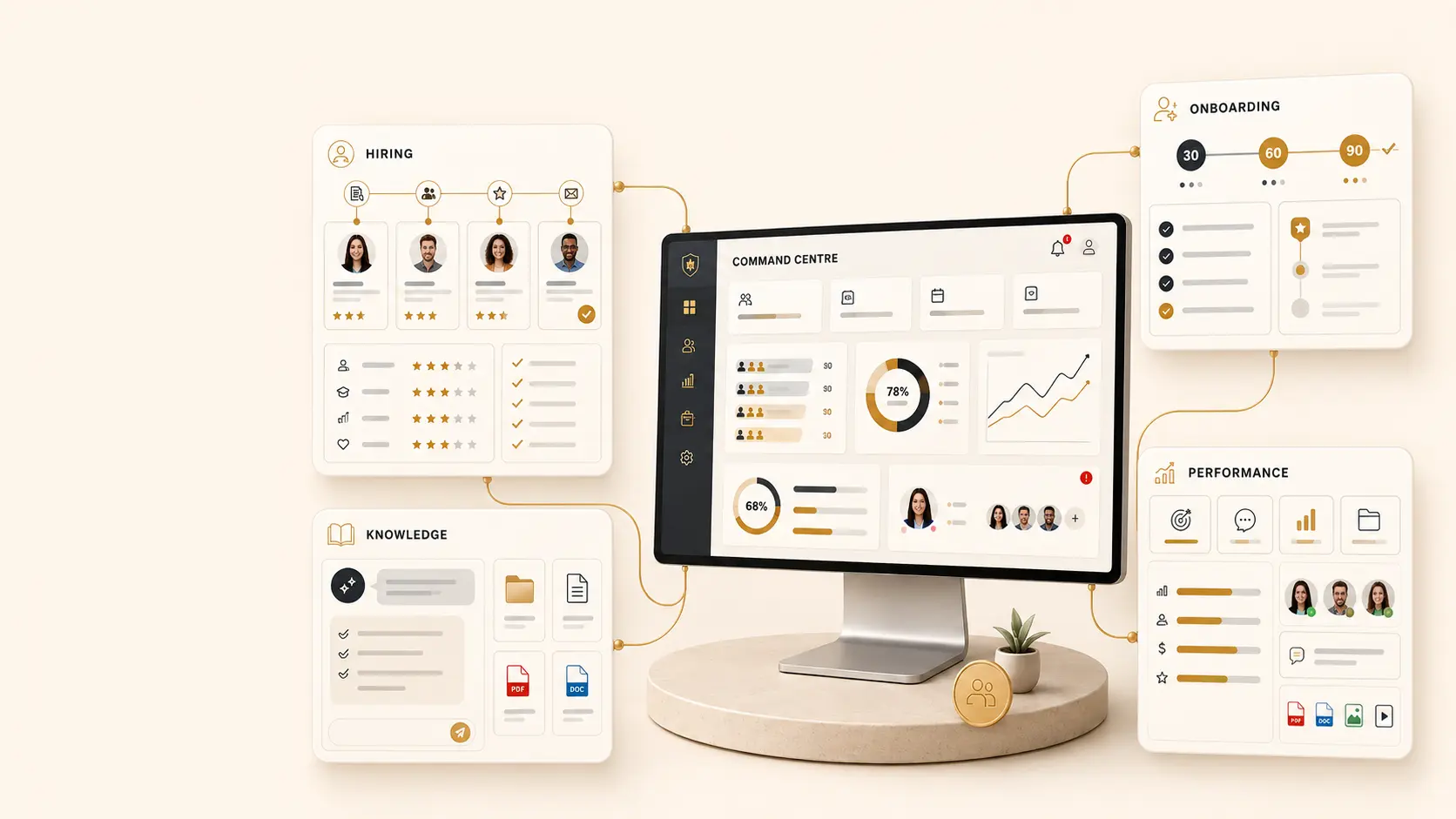 A People Command Centre dashboard surrounded by connected Hiring, Onboarding, Knowledge and Performance panels