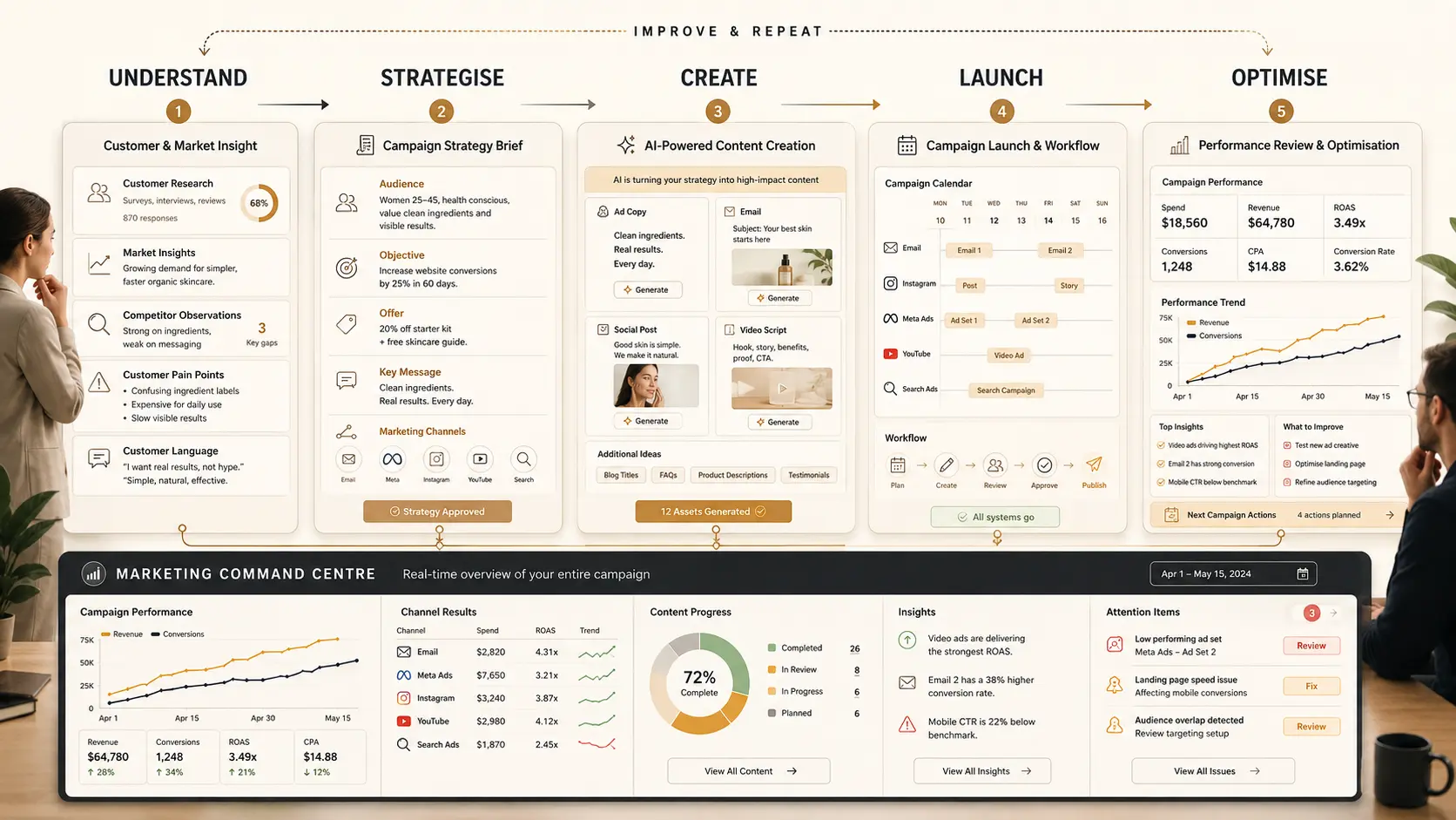 Marketing journey from customer insight to strategy, content creation, campaign launch and optimisation.